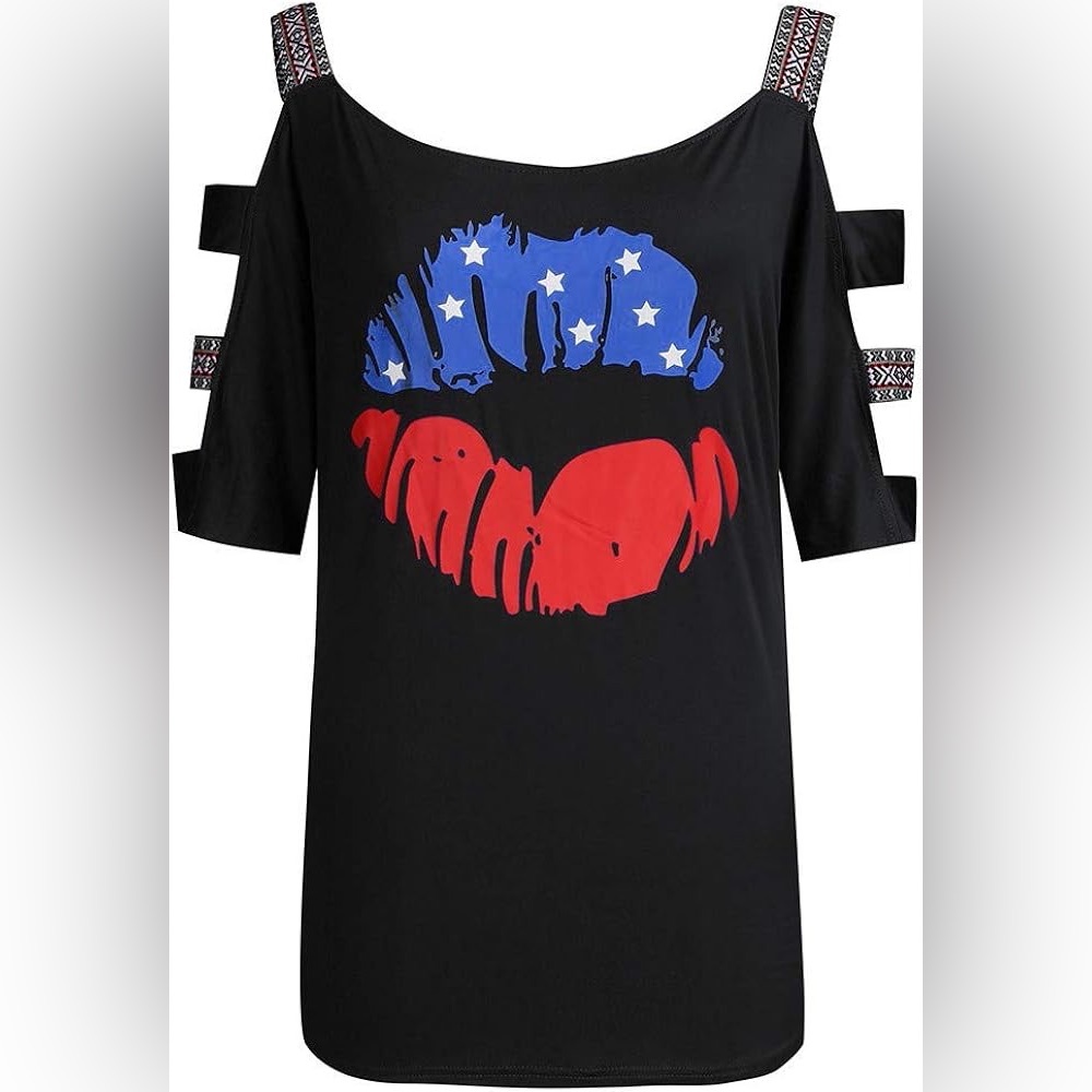 Black Cold-Shoulder Tee with Red & Blue Kiss Graphic